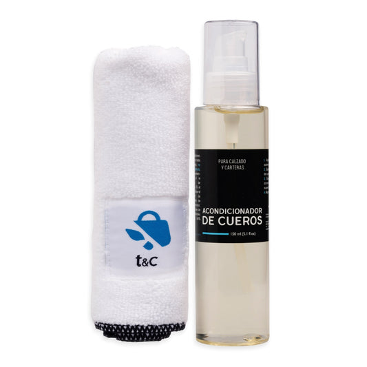 Contenido del Kit Acondicionador de cueros para zapatos, zapatillas y carteras. 01 Paño Microfibra y 01 Acondicionador de cueros de 150 ml
